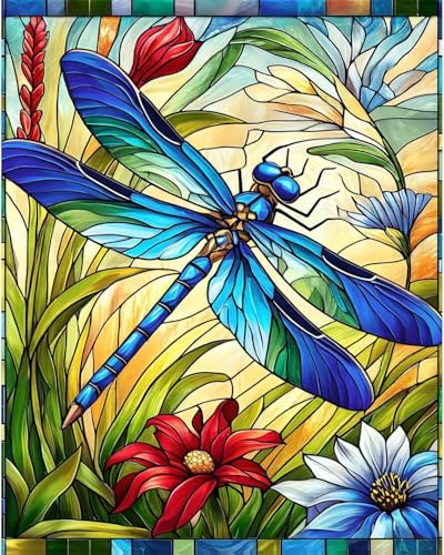 GEEHEIY Paint by Numbers Kit for Adults, Stained Glass Dragonfly DIY Painting on Canvas, Colorful Botanical Paint by Number Kit with Acrylic Paint, Nature Wall Art Home Decor Gift 16x20 Inch - color: TRTDNF1P312