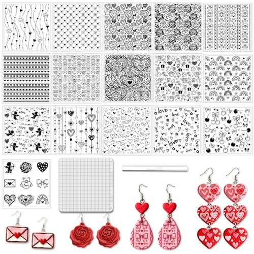 CHGCRAFT 16 Pcs Valentine's Day Set Polymer Clay Texture Sheet Love and Heart Silicone Clay Texture Mat for Polymer Clays Making Earrings Jewelry DIY Crafts 5.5 × 5.5 Inch