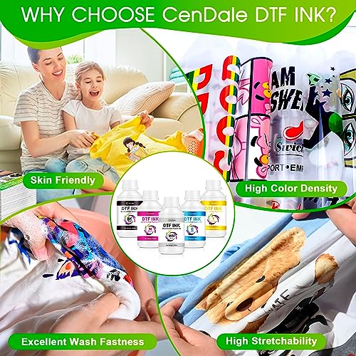 CenDale Premium DTF Ink 3000ML - DTF Transfer Ink for PET Film, Refill DTF Ink for Epson ET-8550, L1800, L800, XP15000, R2400, P400, P800, Heat Transfer Printing Ink Direct to Film (500ml x 6, CMYK W - color: 2 WH,CMYK, style: DTF Ink