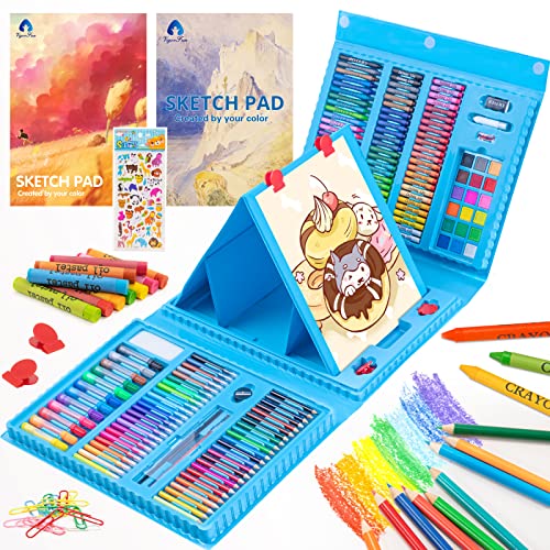 VigorFun Art Supplies, 240-Piece Drawing Art Kit, Gifts Art Set Case with Double Sided Trifold Easel, Includes Oil Pastels, Crayons, Colored Pencils, Watercolor Cakes, Sketch Pad (Blue) - color: Blue