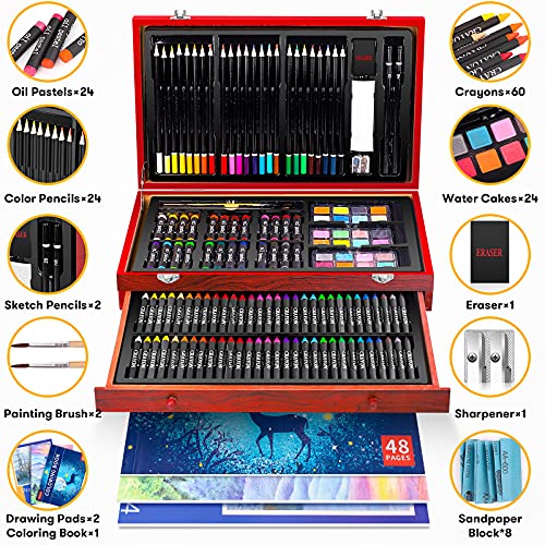 iBayam Art Supplies, 150-Pack Deluxe Wooden Art Set Crafts Drawing Painting Kit with 2 -Sketch Pads, 1-Coloring Book, Gift Box for Kids Adults Artist Beginners Teens Girls Boys 5 6 7 8 9 10 11 12 - color: Cherry