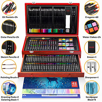 iBayam Art Supplies, 150-Pack Deluxe Wooden Art Set Crafts Drawing Painting Kit with 2 -Sketch Pads, 1-Coloring Book, Gift Box for Kids Adults Artist Beginners Teens Girls Boys 5 6 7 8 9 10 11 12 - color: Cherry