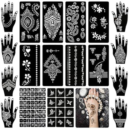 Koogel 18 Sheets Henna Tattoo Stencils, Temporary Flower Patterns Glitter Airbrush Tattoo Kits Arabian Stickers for Women and Girls Face Hand Paint Body Art - color: Black2