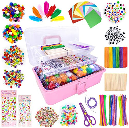 Jumbo Art and Craft Supplies for Boys and Girls, Toddler DIY Craft Art Supply Set Included Pipe Cleaners, Pom Poms, Feather, Folding Storage Box - All in One for Craft DIY Art Supplies (F0-Pink) - color: F0-Pink