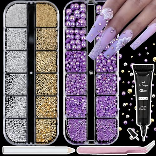 Nail Art Pearls with Rhinestones Glue Gel Flatback Pearls Nail Charms Luxurious Nails Supplies Accessories Gold Silver Gems Jewelry Pearl for Women Nails Design(Purple) - color: Colorful-16