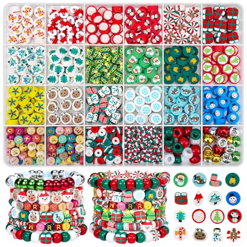 Gionlion Christmas Beads Bracelet Making Kit, 800 Pcs Polymer Clay Beads Jewelry Kit for Girls, Holiday DIY Craft with Christmas Crafts Charms, Perfect Stocking Stuffer for Kids - style: Christmas
