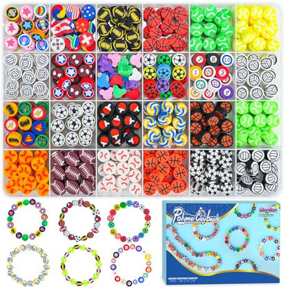 Gionlion Sports Polymer Clay Beads Bracelet Making Kit, Clay Beads with Basketball, Soccer, Baseball, and Football Designs for DIY Jewelry & Craft Projects - style: Ball