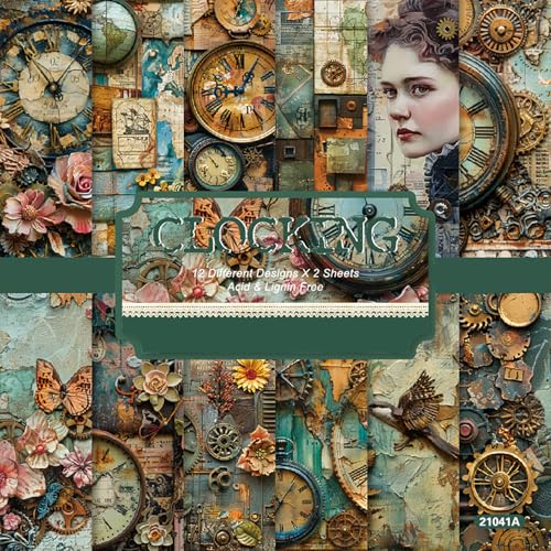 6x6 Scrapbook Paper Pad - CLOCKING Steampunk Gear 160gsm Cardstock, 24 Pcs Vintage Clock & Patina Texture Decorative Paper for Junk Journal Supplies, DIY Crafts - color: Clocking, size: 6"×6"