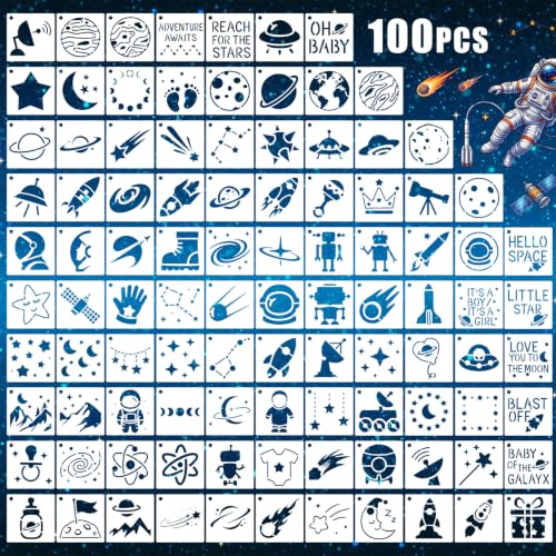 Fainne 100 Pcs Small Stencils for Crafts, 1.5 Inch Reusable Painting Stencils Painting Crafts Templates for Wood, Wall, Home Decor, Canvas, Fabric (Space) - style: Space