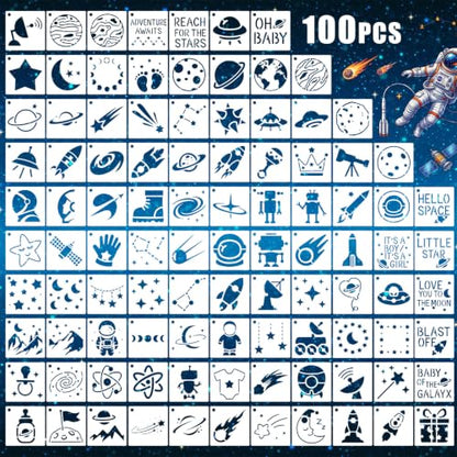 Fainne 100 Pcs Small Stencils for Crafts, 1.5 Inch Reusable Painting Stencils Painting Crafts Templates for Wood, Wall, Home Decor, Canvas, Fabric (Space) - style: Space