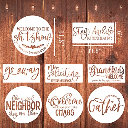 Funny Welcome Stencils for Painting Sarcastic Round Stencil Large Gather Stay Awhile Templates for Door Hanger,Doormat, Porch Sign, Wreath - style: Funny