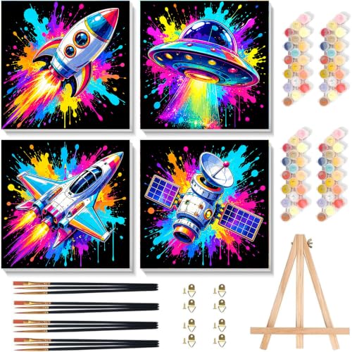 4 Pack Paint by Numbers Kit for Kids with Frame, Cool Spaceship Kids Paint by Numbers Ages 4-8-12 with Wooden Easel,Outer Space Easy Oil Painting by number for Gift Home Wall Decor(8x8 inch) - color: BKH2720+BKH2721+BKH2722+BKH2723-US