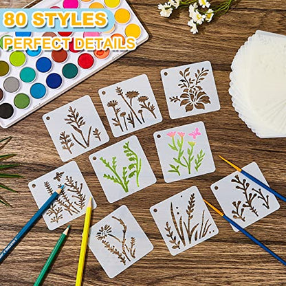 Teling 80 Pcs Flower Stencils Spring Bouquet Painting Stencils Reusable Wildflower Small Botanical Floral for Painting on Wood Wall Canvas Crafts Home Furniture Sign, 3 x 3 Inch - style: Wildflower