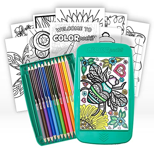 Colorpockit Coloring Kit Travel Art Set with Colored Pencils, 4x6 Coloring Cards, Built in Sharpener, Mess Free Trip Activities for Airplanes or Car, 8.5 x 5, 28 pieces - color: Green