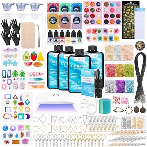 KISREL UV Resin Jewelry Making Kit, 400g Crystal Clear Resins with Light and Molds, DIY Jewelry Making Resin Kits, Resina Starter Kit for Keychain, Hair Clip and Earring - size: UV400g resin kit with light