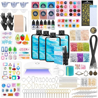 KISREL UV Resin Jewelry Making Kit, 400g Crystal Clear Resins with Light and Molds, DIY Jewelry Making Resin Kits, Resina Starter Kit for Keychain, Hair Clip and Earring - size: UV400g resin kit with light