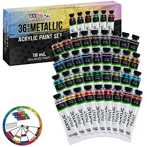 U.S. Art Supply 36-Color Metallic Acrylic Paint Set - 18ml Tubes - Acrylic Paint for Canvas Painting, Wood Crafts & Rock Painting - Color Mixing Wheel - style: 36 Colors