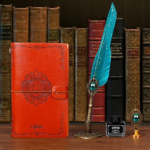 Aifeiter Quill Pen and Ink Set, Feather Calligraphy Set With Wax Seal Stamp, Notebook - Beautiful Gift for Christmas - Green - color: Green