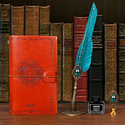 Aifeiter Quill Pen and Ink Set, Feather Calligraphy Set With Wax Seal Stamp, Notebook - Beautiful Gift for Christmas - Green - color: Green