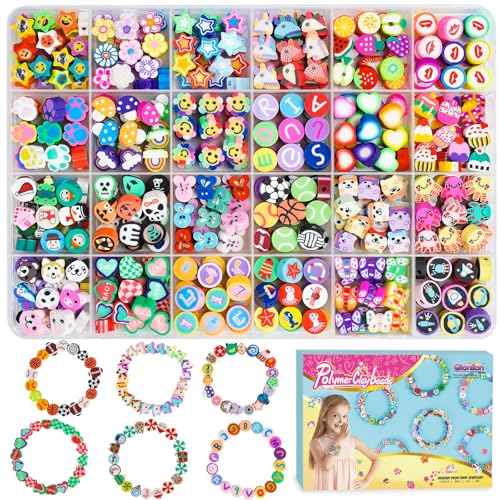 Gionlion 500 Pcs Polymer Clay Beads Bracelet Making Kit，24 Style Animal Fruit Flower Butterfly Bunny Pony Letter Beads Charms for Jewelry Making, DIY Art and Crafts Toys Gifts for 4+ Year Old Kids - style: Beginner