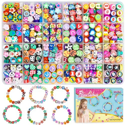 Gionlion 500 Pcs Polymer Clay Beads Bracelet Making Kit，24 Style Animal Fruit Flower Butterfly Bunny Pony Letter Beads Charms for Jewelry Making, DIY Art and Crafts Toys Gifts for 4+ Year Old Kids - style: Beginner