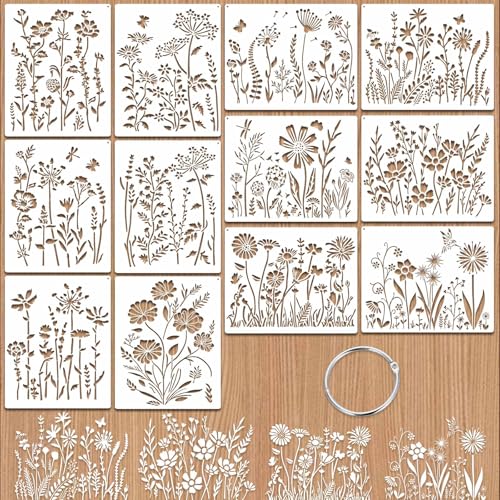 12 Pcs Large Wildflower Stencils, Reusable Floral Tempate for DIY Furniture Decor, Wild Flower Stencil for Painting on Wood DIY Crafts Canvas Wall Fabric(Wildflower) - style: Wildflower