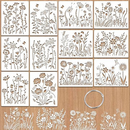 12 Pcs Large Wildflower Stencils, Reusable Floral Tempate for DIY Furniture Decor, Wild Flower Stencil for Painting on Wood DIY Crafts Canvas Wall Fabric(Wildflower) - style: Wildflower