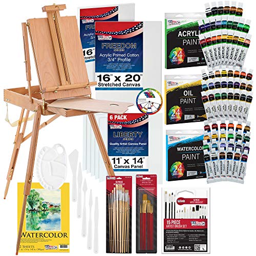 U.S. Art Supply 121-Piece Custom Artist Painting Set with Coronado Field Studio Sketch Box Easel, 72 Paint Colors, 24 Acrylic, 24 Oil, 24 Watercolor, 8 Canvases, 32 Brushes, Painting Pad, 2 Palettes - style: Easel with Painting Supplies