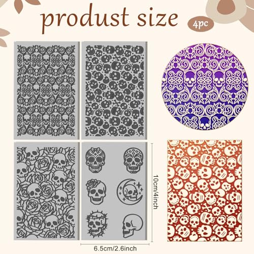 4 Sheets Retro Skull Clay Texture Mat Easter Rose Polymer Clay Texture Sheets DIY Tools for Pottery Earring Jewelry Making Stamp Engraving Machines, 3.9x2.6inch - style: Retro Skull