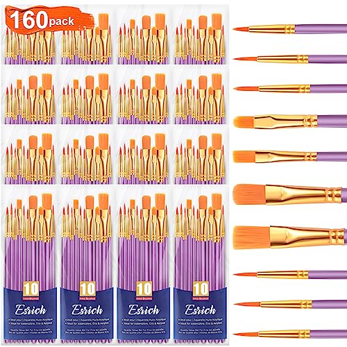 ESRICH Acrylic Paint Brushes Set, 16Packs/160 Pcs, Suitable for Acrylic, Oil, Watercolor,Rock Body Face Nail Art,Perfect Suit of Art Painting, Best Gift for Kids Adult Drawing, Purple - color: Purple, size: 160