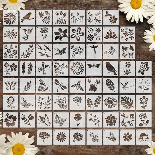 Marspark 72 Pcs Small Stencils for Crafts Reusable 3 Inch Stencils for Painting on Wood DIY Craft Paint Template for Wall Home Decor Card Rock Canvas Drawing Holiday (Flowering Plants) - style: Flowering Plants