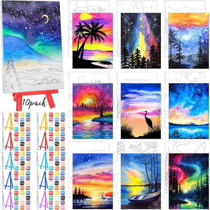 Blosssound 10 Set Pre Printed Canvas Pre Drawn Canvas Painting with Easel Kits 5" x 7" Outline Painting Panels for Beginners, DIY Craft Project, Home Decors(Dream Sky) - style: Dream Sky