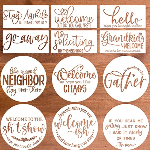 Funny Welcome Stencils for Painting Sarcastic Round Stencil Large Gather Stay Awhile Templates for Door Hanger,Doormat, Porch Sign, Wreath - style: Funny