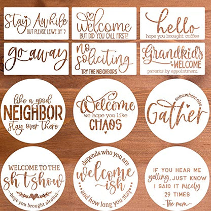 Funny Welcome Stencils for Painting Sarcastic Round Stencil Large Gather Stay Awhile Templates for Door Hanger,Doormat, Porch Sign, Wreath - style: Funny