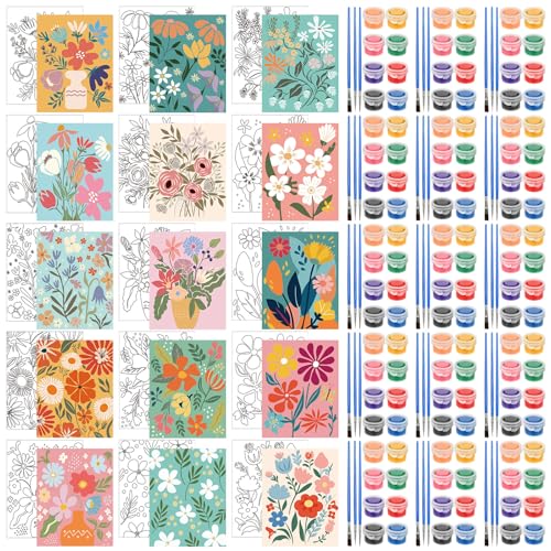 Sherr 75 Pcs 15 Set Floral Pre Drawn Canvas Kit for Painting Craft Sip and Paint Kit for DIY Adults Pre Printed Canvas Painting Favor for Paint Gifts Adult's Date Party - style: Flower Style