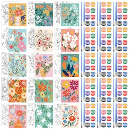 Sherr 75 Pcs 15 Set Floral Pre Drawn Canvas Kit for Painting Craft Sip and Paint Kit for DIY Adults Pre Printed Canvas Painting Favor for Paint Gifts Adult's Date Party - style: Flower Style