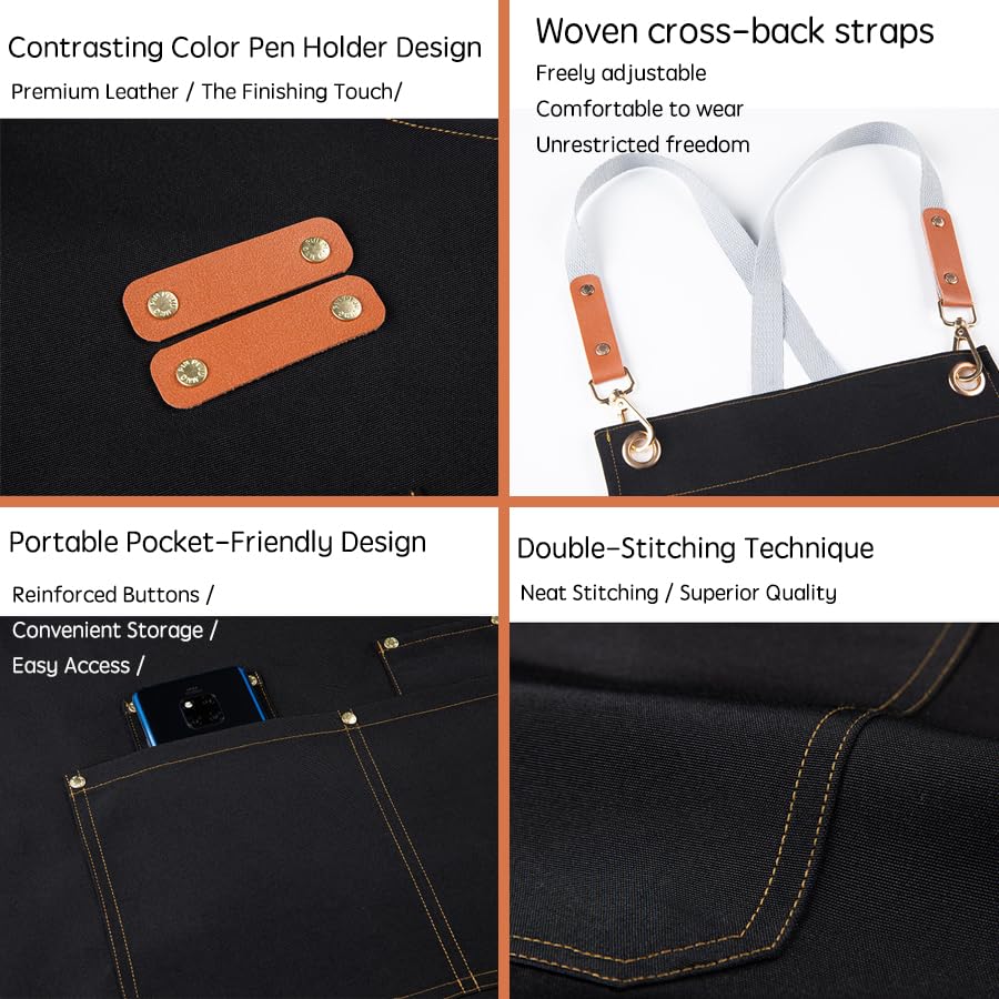 Chef Apron for Men & Women – Heavyweight Waterproof Canvas with Cross-Back No-Neck-Pain Design, 4 Pockets & Genuine Leather Ties, Adjustable Cooking Apron for BBQ Grilling Coffee Shop