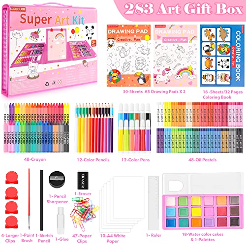 Soucolor Art Supplies, 283 Pieces Drawing Set Art Kits with Trifold Art Easel, 2 Drawing Pads, 1 Coloring Book, Crayons, Pastels, Arts Gifts Case, Coloring Set - color: Pink