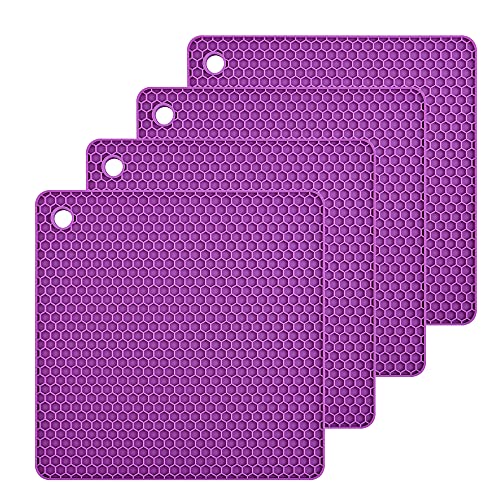 Silicone Trivet Mat Pot Holder for Countertop Pads Heat Resistant Table Placemats 4 Pack,Size:7.5x7.5 Inch, Color:Purple - color: Purple