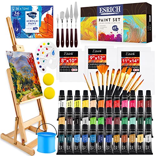 ESRICH Acrylic Paint Set, 64PCS Painting Supplies with Wooden Easel, Brushes, 36 Colors Acrylic Paint, Canvases, Palette, Paints Knives Etc, Painting Kit for Adults, Students, Hobbyists, Beginners - color: 36 Color, size: 14.76 Fl Oz (Pack of 1)