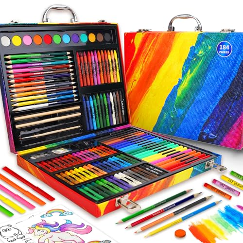 Okiki Art Supplies Kit for Kids Ages 5-12, 184-Pack Art Case Coloring Set, Drawing Kits with Gifts Box, Arts Set for Kids Girls Boys, Crayons, Pastels, Double-ended Colored Pencils, Coloring Book - color: Red