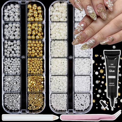 Nail Art Pearls with Rhinestones Glue Gel Flatback Pearls Nail Charms Luxurious Nails Supplies Accessories Silver Gold Gems Pearl Colorful Pearl for Women Nails Design - color: Colorful-07