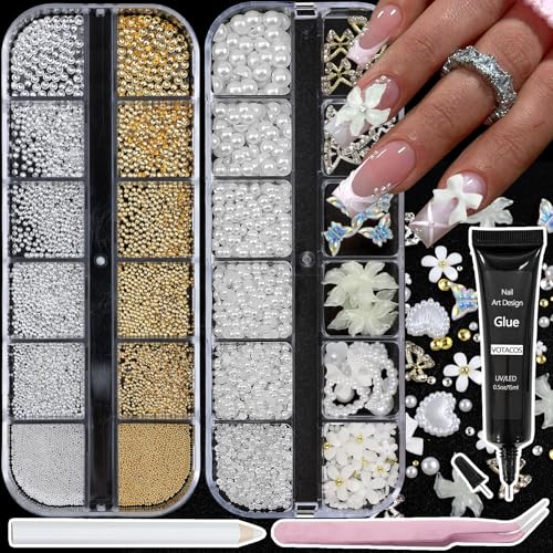 Nail Art Charms with Rhinestones Glue Gel White Flatback Pearls Flower Butterfly Nail Gems Supplies Accessories Gold Silver Nails Decoration Pearls for Women Nails Design - color: Colorful-22
