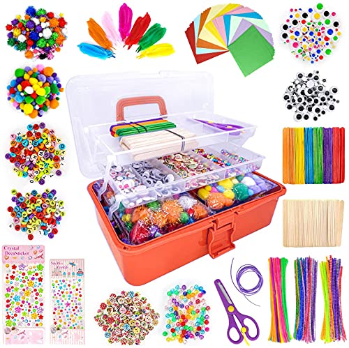 kortes Jumbo Art and Craft Supplies for Boys and Girls, Toddler DIY Craft Art Supply Set Included Pipe Cleaners, Pom Poms, Feather, Folding Storage Box - All in One for Craft DIY Art Supplies(Orange) - color: E0-Orange