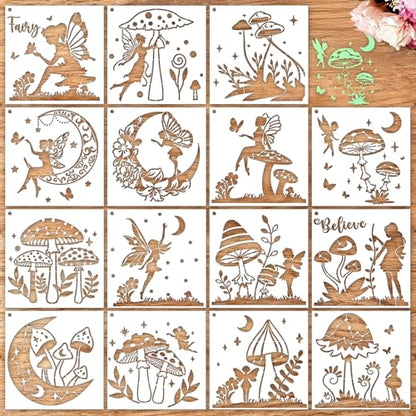 Sitsink Fairy Moon Mushroom Stencils - 15 Pcs Reusable Boho Stencils for Painting on Wood Wall Canvas Door Mat, Painting Drawing Template for DIY Craft - style: fairy