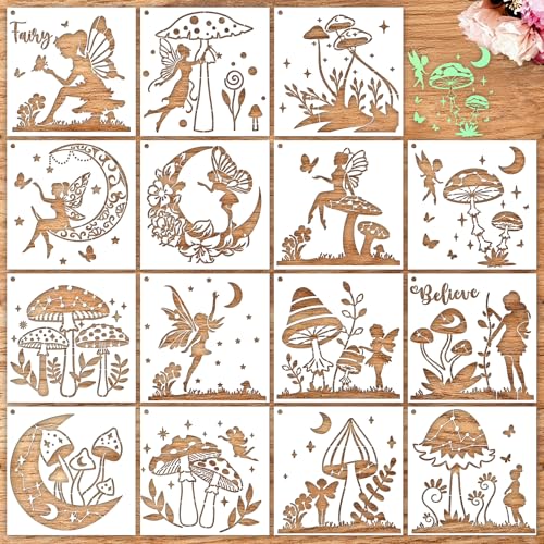 Sitsink Fairy Moon Mushroom Stencils - 15 Pcs Reusable Boho Stencils for Painting on Wood Wall Canvas Door Mat, Painting Drawing Template for DIY Craft - style: fairy