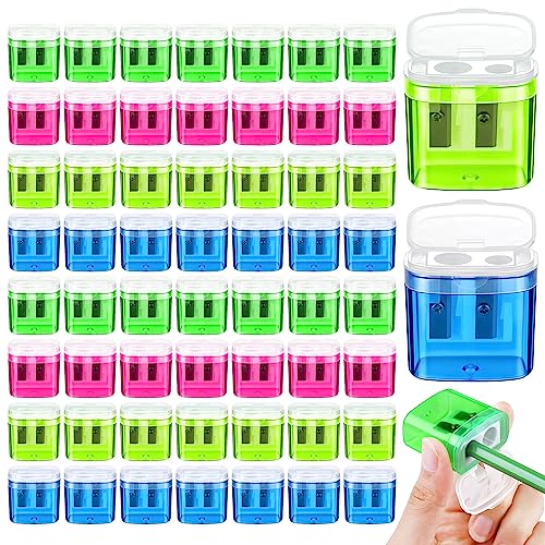 Aodaer 60 Pieces Pencil Sharpeners Manual Double Hole Pencil Sharpener with Lid Assorted 4 Colors Handheld Dual Hole Sharpeners for Office Home