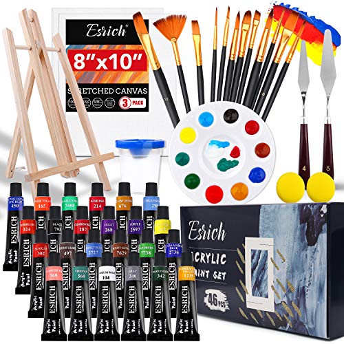 ESRICH Acrylic Paint Set,46 Piece Professional Painting Supplies with Paint Brushes, Acrylic Paints, Easel, Canvases, Palette, Paint Knives, Brush Cup and Art Sponges for Hobbyists and Beginners - color: 24color