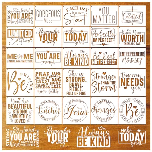 25Pcs Inspirational Word Stencils for Crafts Reusable Quotes Motivational Stencil Positive Drawing Faith Stencils for Painting on Wood Canvas Fabric (25 Words)