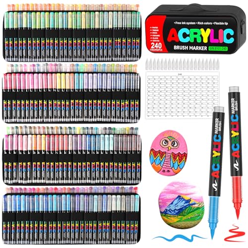 240 Colors Soft Brush Tip Acrylic Markers Set, Paint Pens for Rock, Wood, Fabric, Canvas, Glass, DIY Crafts, Waterproof Paint Markers, Vibrant Acrylic Pens for Artists and Art Projects (BAG) - style: 240 colors BAG